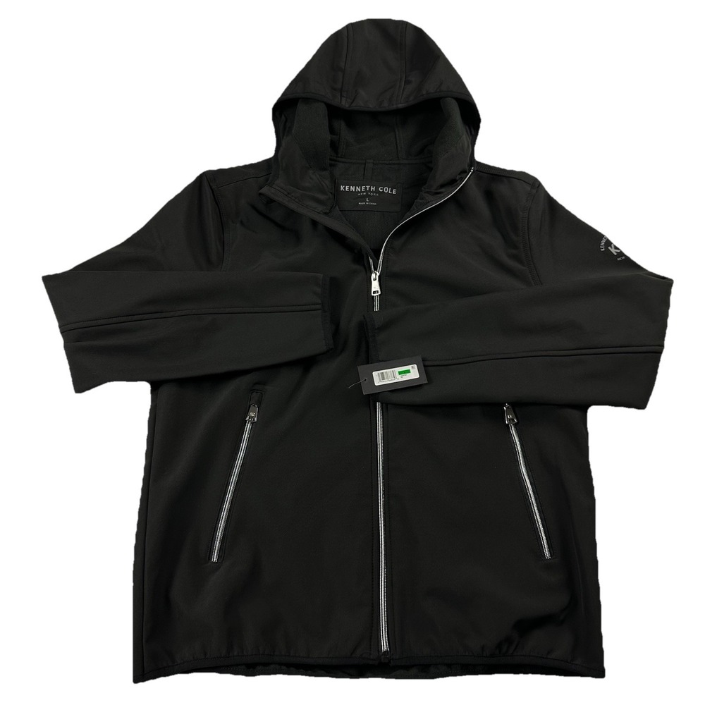 NEW Kenneth Cole Soft Shell Hooded Jacket‎ Mens Large Full Zip Polyester Black